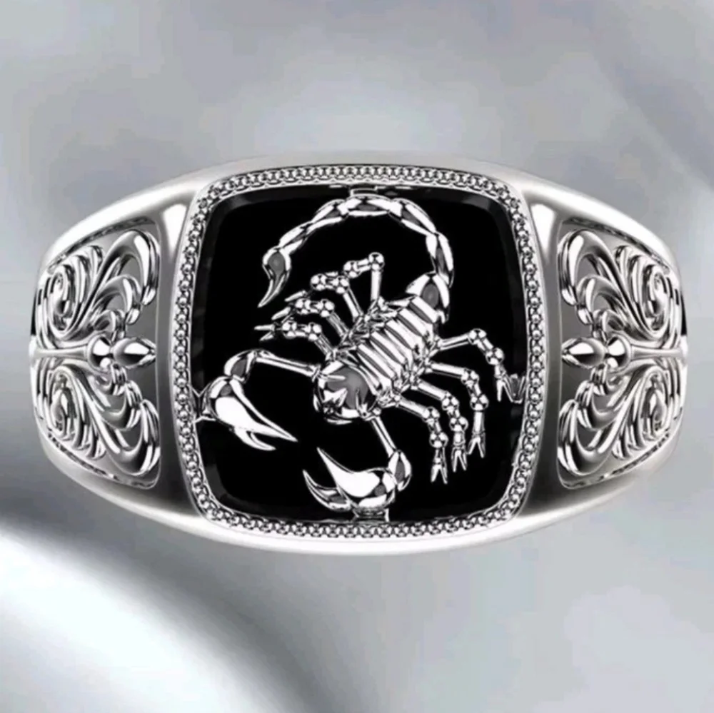 Bright Deep Black Enamel With Unique Scorpion Square Face Design Ring For Men's